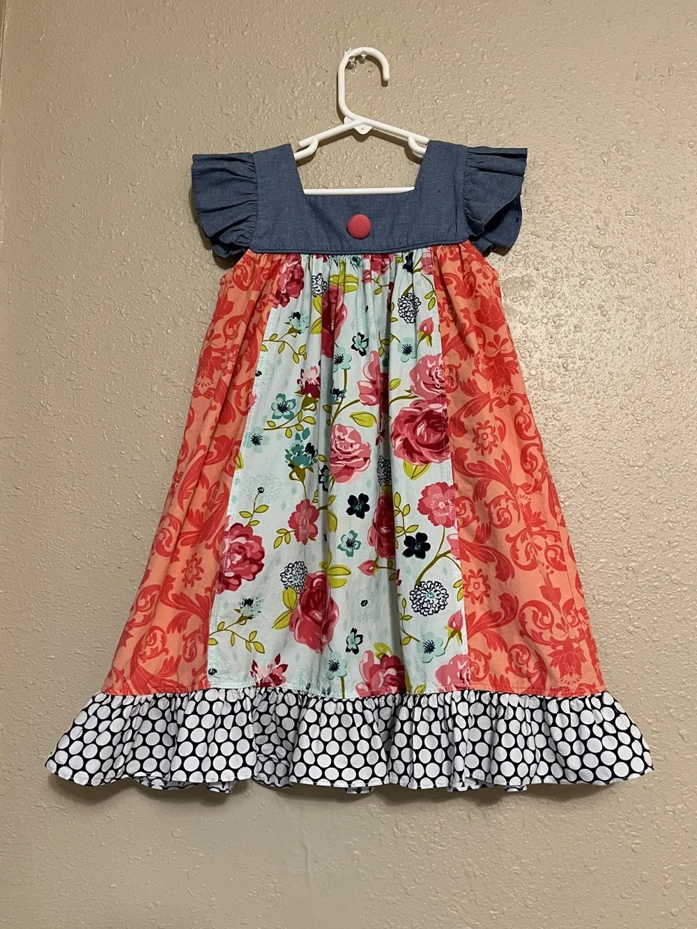 SAGE & LILLY Girls Coral & Navy Floral Patchwork Dress Sz 6